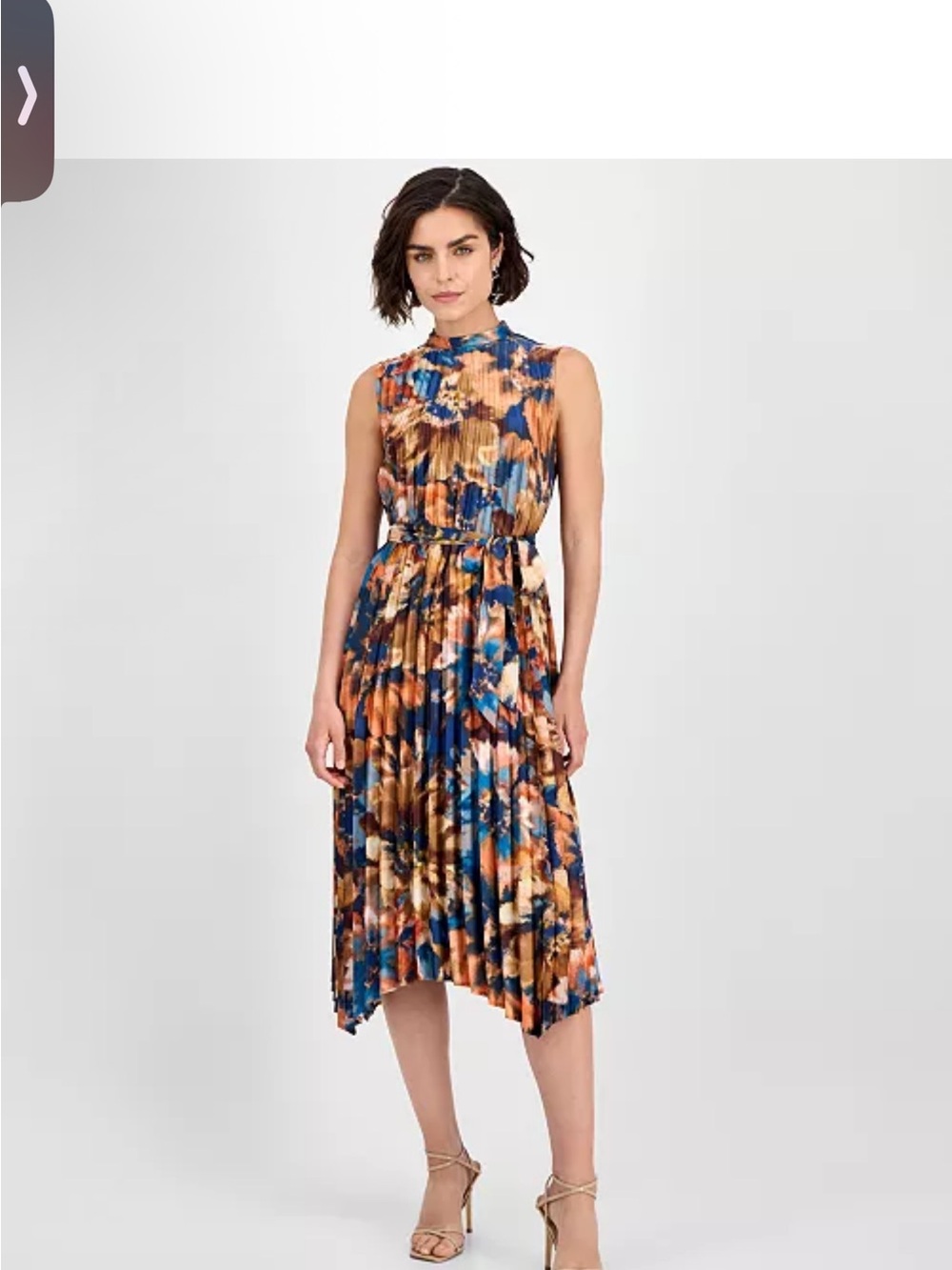 Tahari ASL Multicolor Pleated Midi Dress in Blue and Brown sz 6 NWT